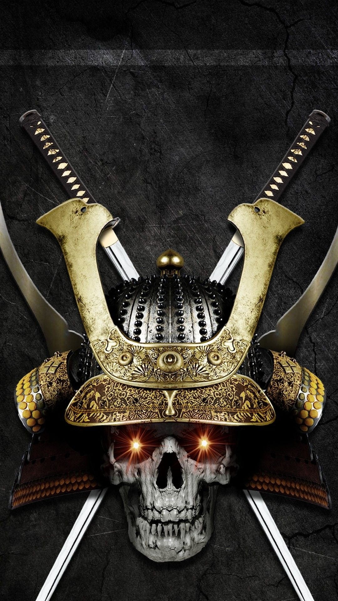 Skeletal samurai wearing a golden kabuto helmet with glowing orange eyes and sharp crossed katana swords behind it.