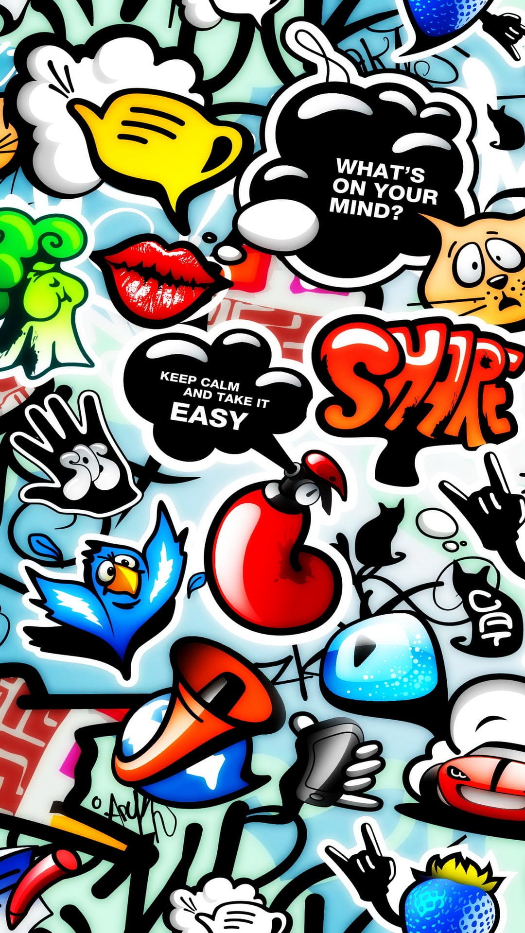A yellow teapot, red lips, and a blue bird anchor a dense urban collage of graffiti stickers and text bubbles.