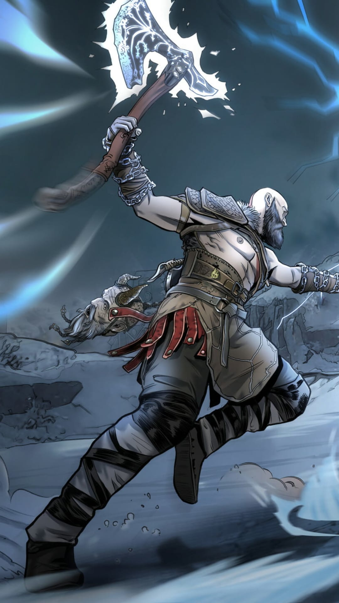 Kratos swings a glowing Leviathan Axe amidst blue frost and lightning against a stormy mountain background.