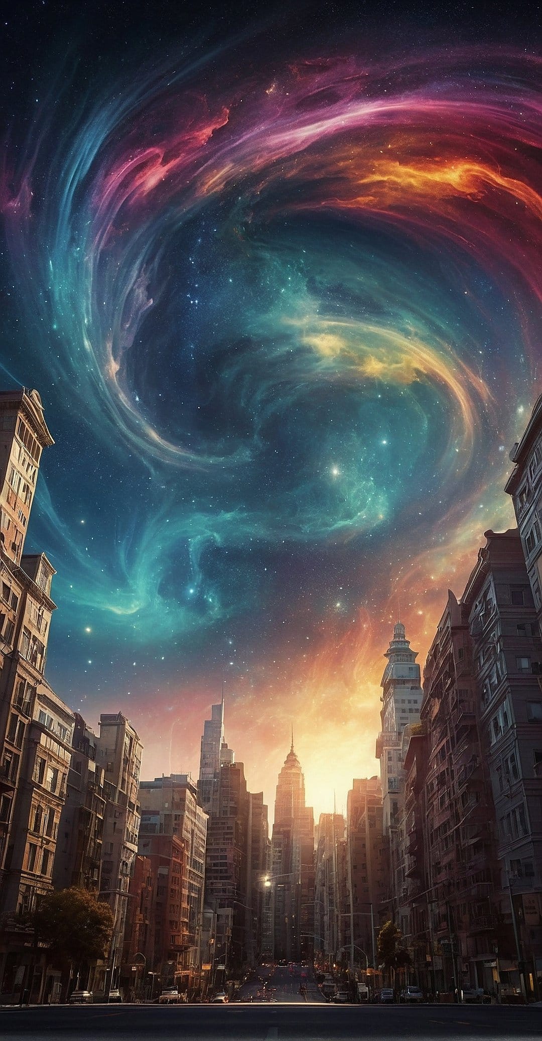 Pink and teal nebula clouds swirl over a silhouetted city skyline with glowing skyscraper windows at dusk.
