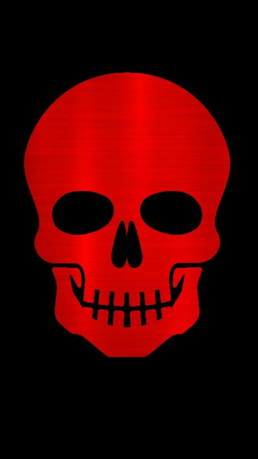 Red metallic skull with deep black eye sockets and a grinning mouth centered on a solid dark background.