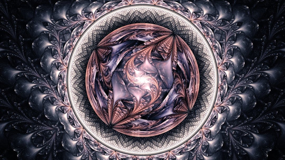 Radiant pink orb centered within ornate gray mandala patterns and lace textures on a dark vertical background.