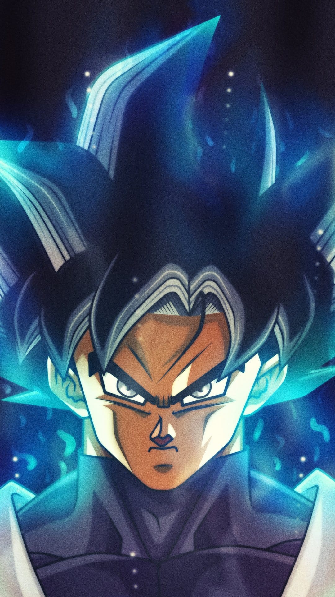 Goku stares forward with silver eyes and spiky black hair while surrounded by a glowing blue energy aura.
