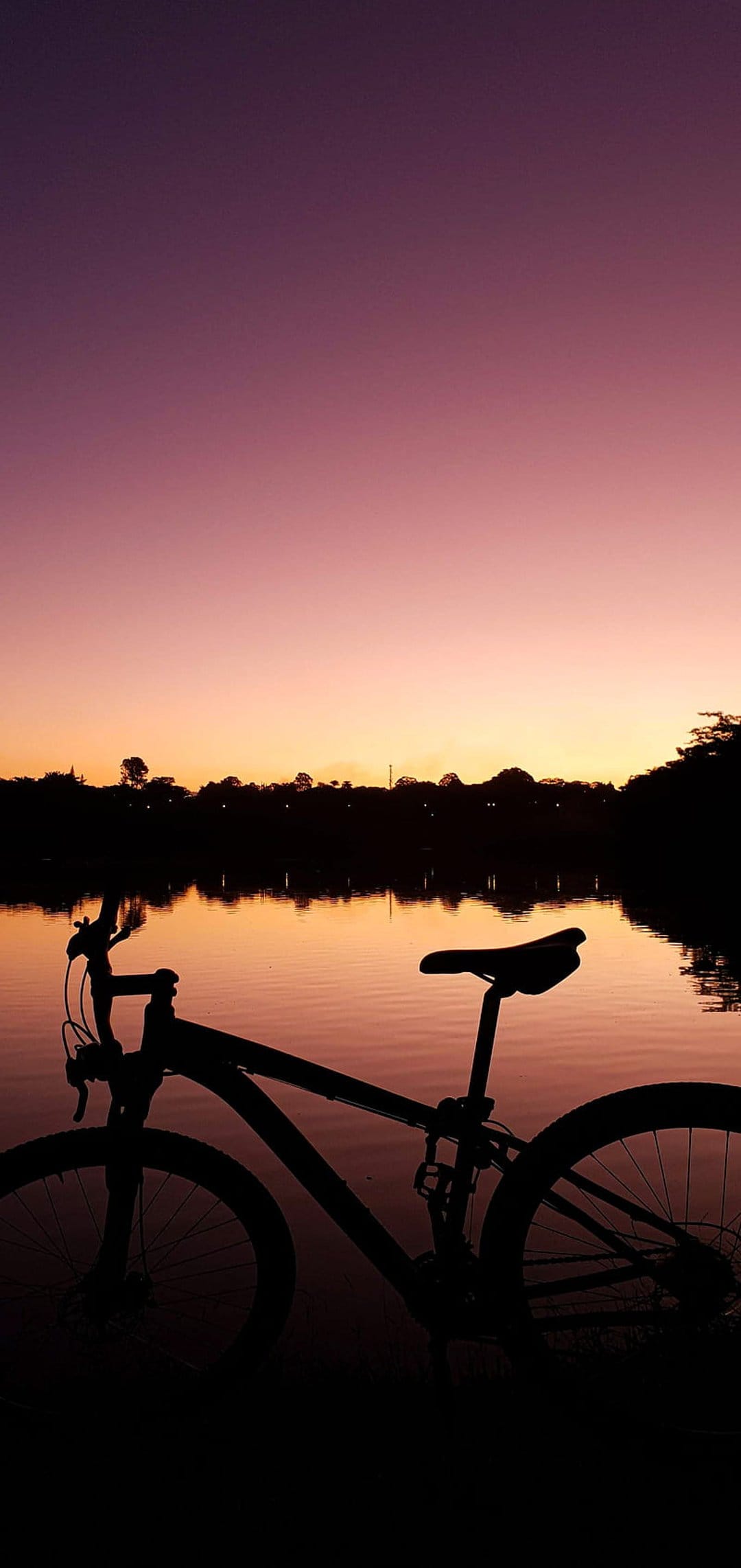 Bicycle silhouette parked by a reflective lake under a purple and orange sunset sky with distant trees.