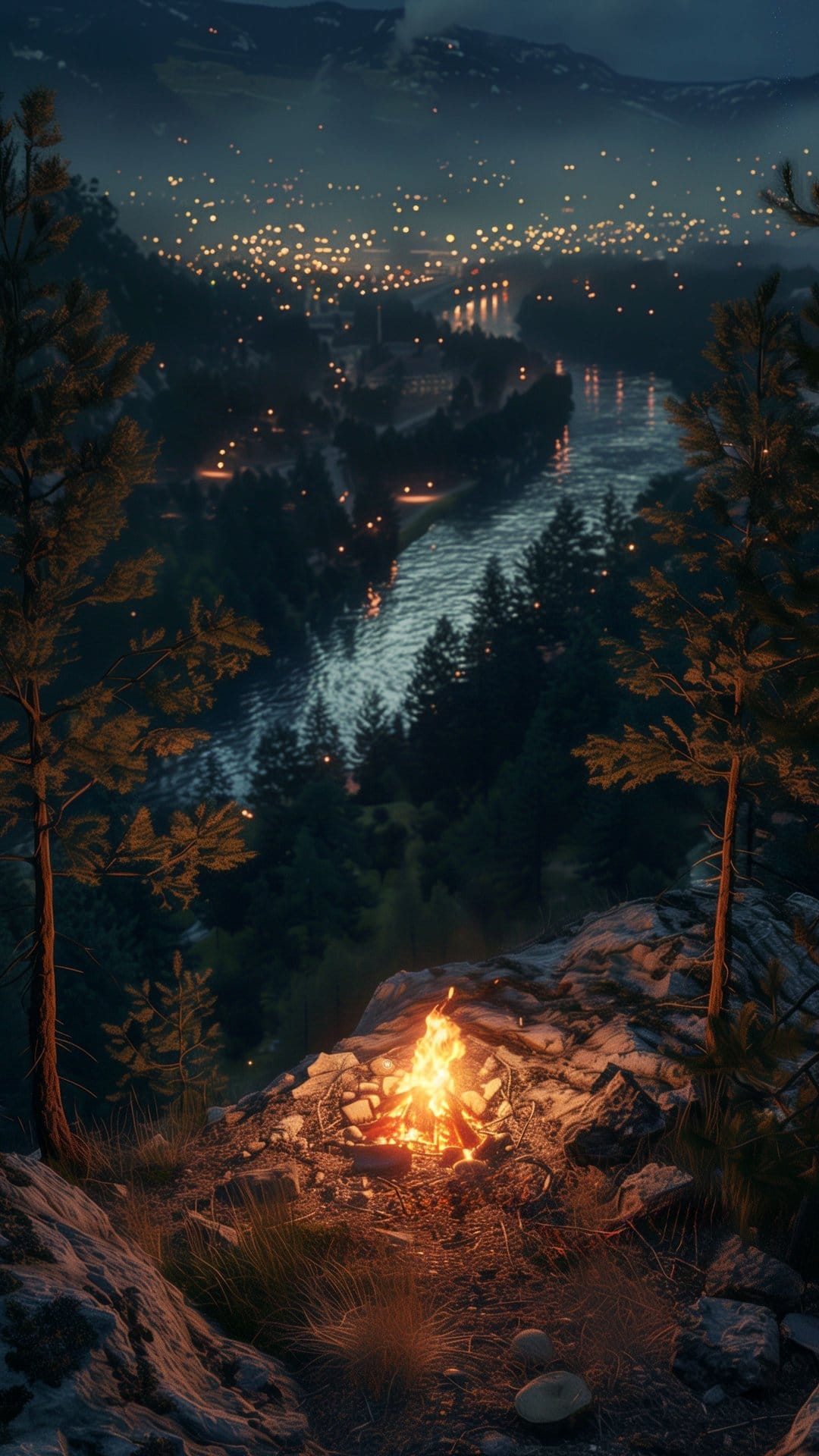 Campfire burning on a rocky ledge above a winding river and a city glowing with golden lights at dusk.