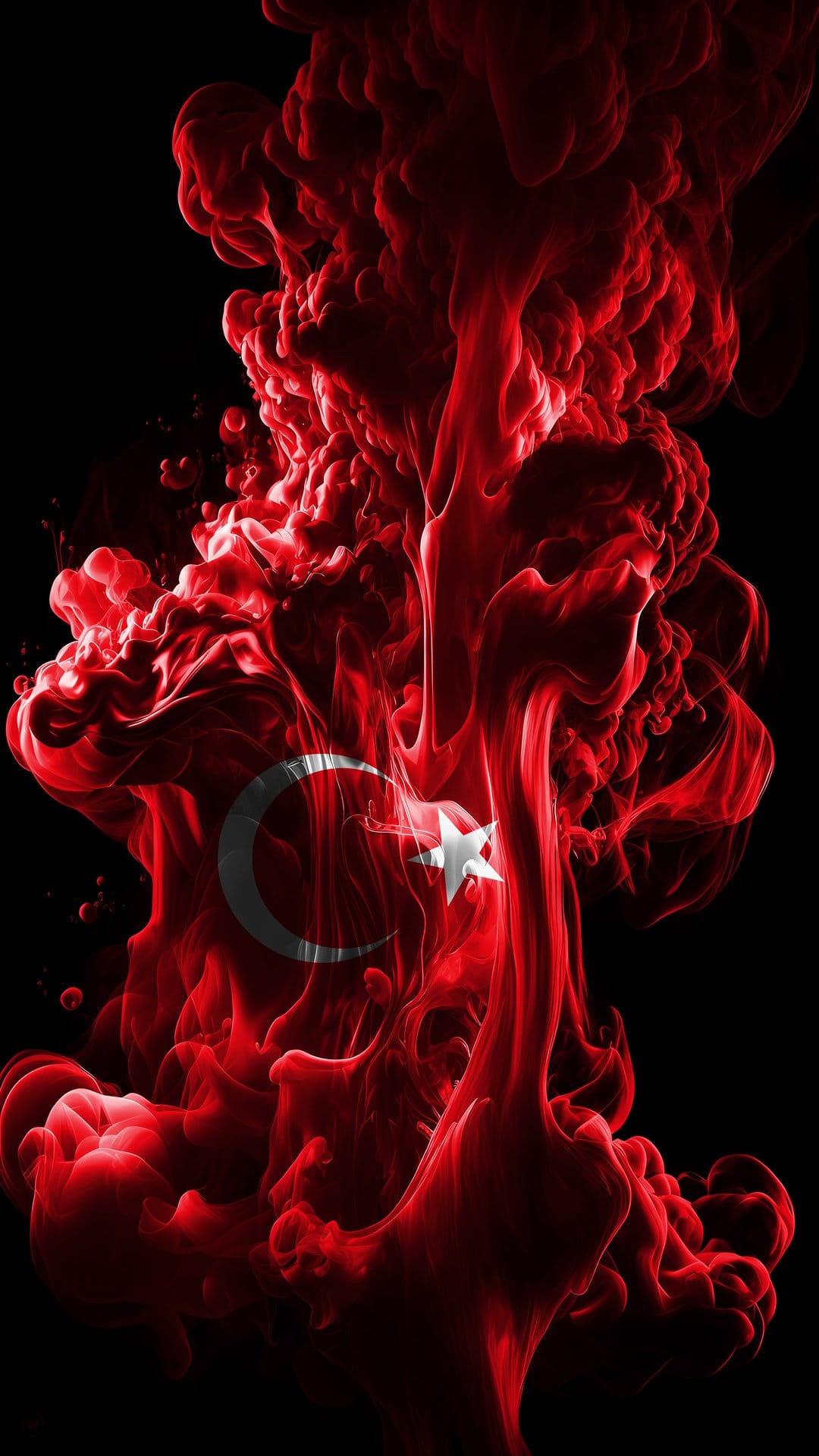 Turkish flag crescent and star composed of swirling red smoke erupting against a solid black background.
