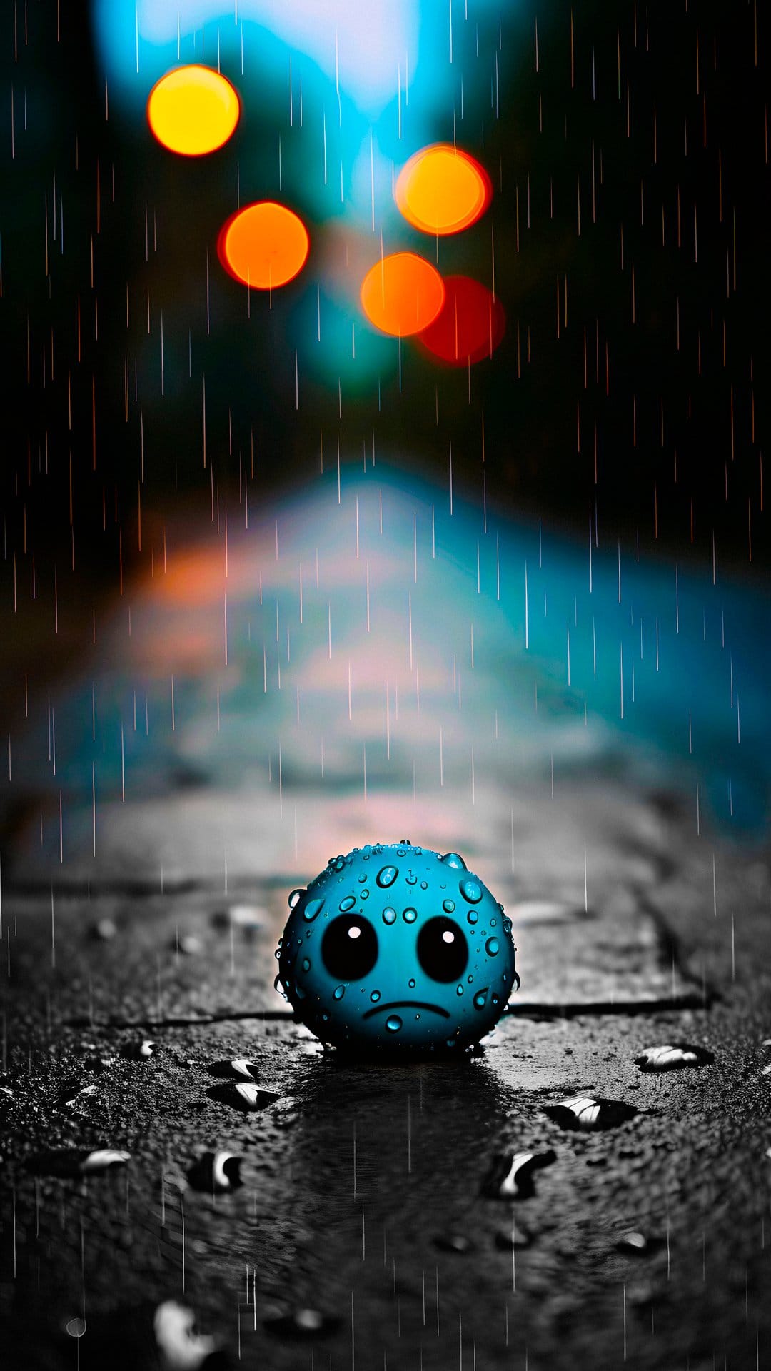 Sorrowful blue sphere sitting on wet asphalt during a rainy night with blurred colorful bokeh lights in the distance.