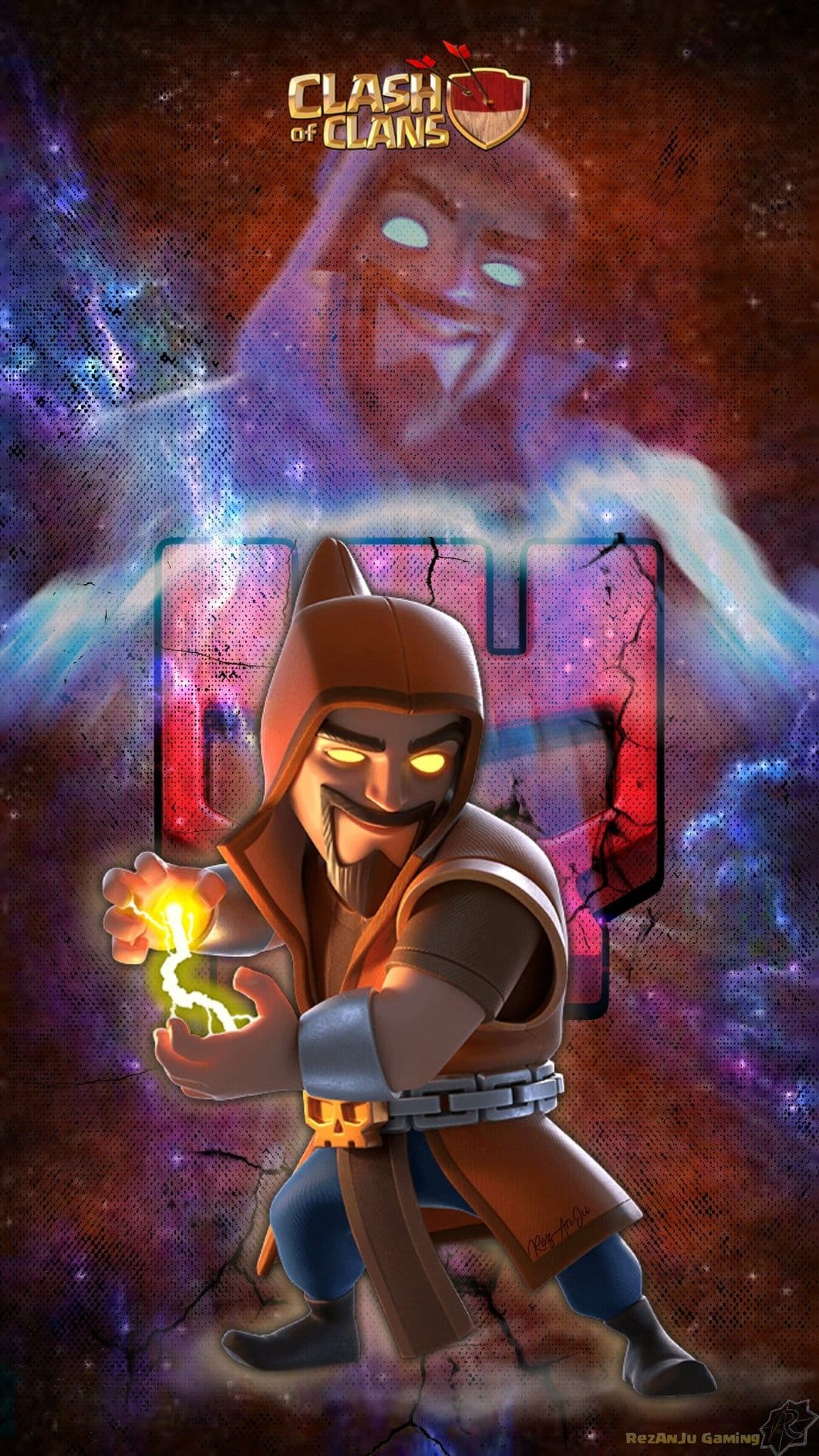 Wizard character with glowing eyes casting a blue lightning spell against a dark purple cosmic background.