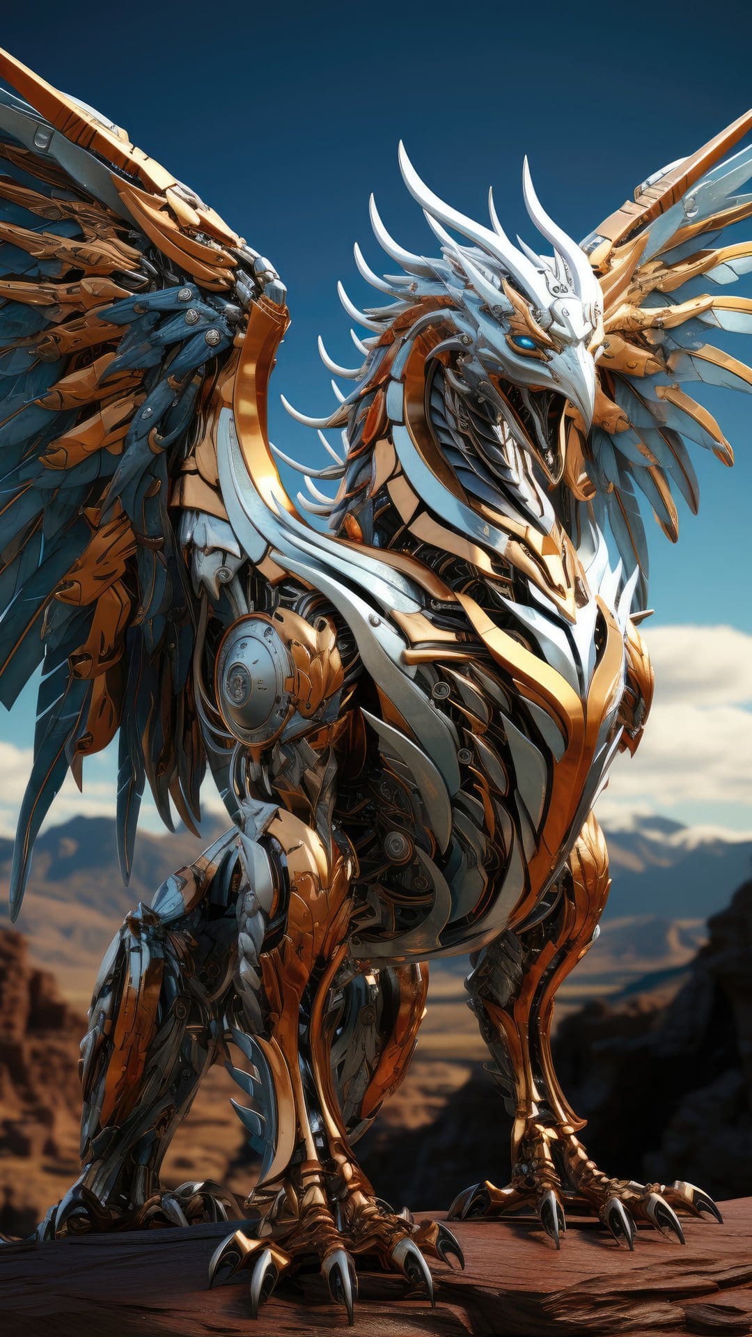 Robotic gryphon featuring gold armor and blue eyes perched against a snowy mountain range and clear blue sky.
