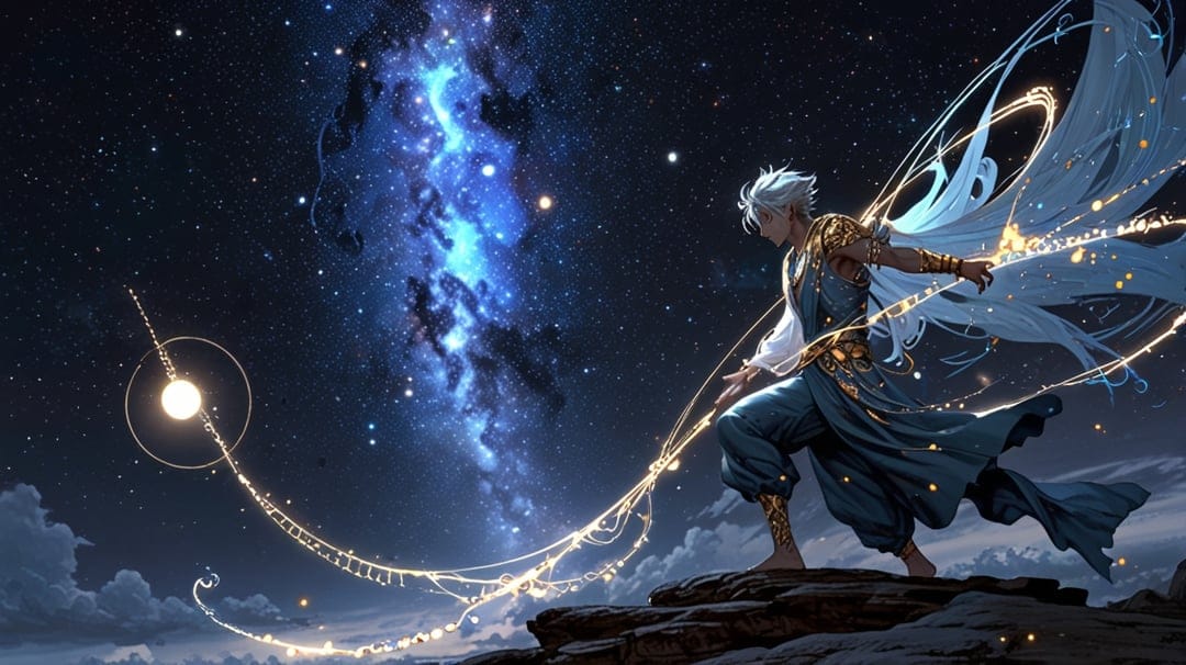 Winged woman with white hair stands on a rock weaving glowing light trails against a starry galaxy background.