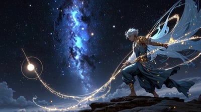 Hero,Cool,Ancient,White Clothes,White Hair,Chains,Stars,Dark Clouds,Galaxy,View,Cliff