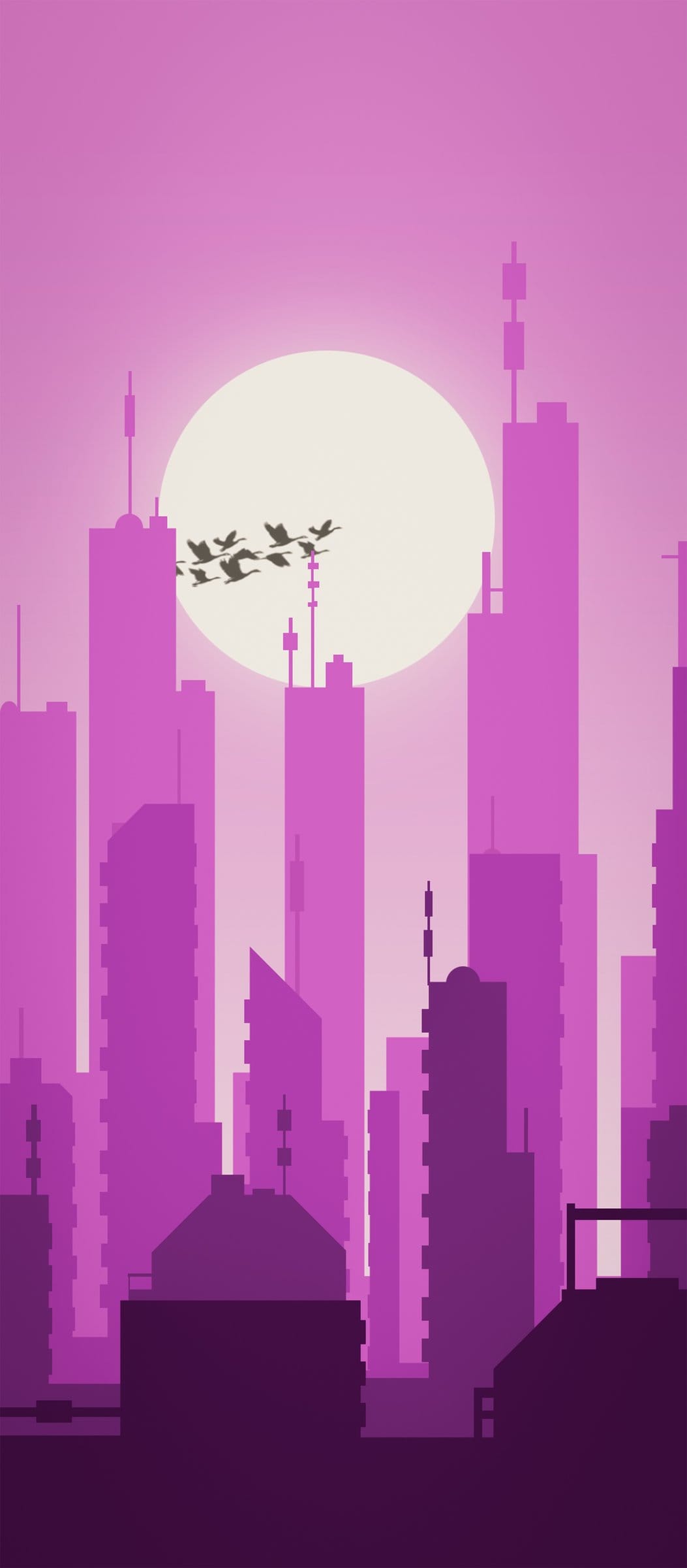 Futuristic city skyline silhouette stands before a large sun and pink to purple gradient sky with flying birds.