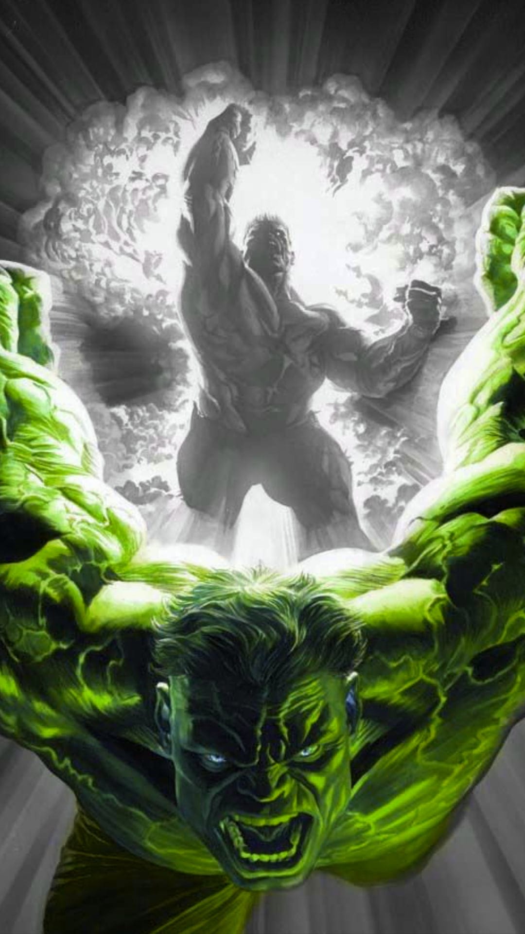 Hulk's green enraged face and muscular arms appear before a grayscale silhouette roaring during an explosion.