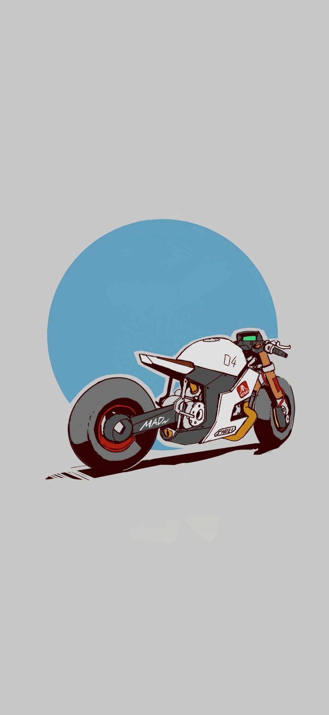 White futuristic cafe racer motorcycle with orange accents positioned in front of a large blue circle backdrop.