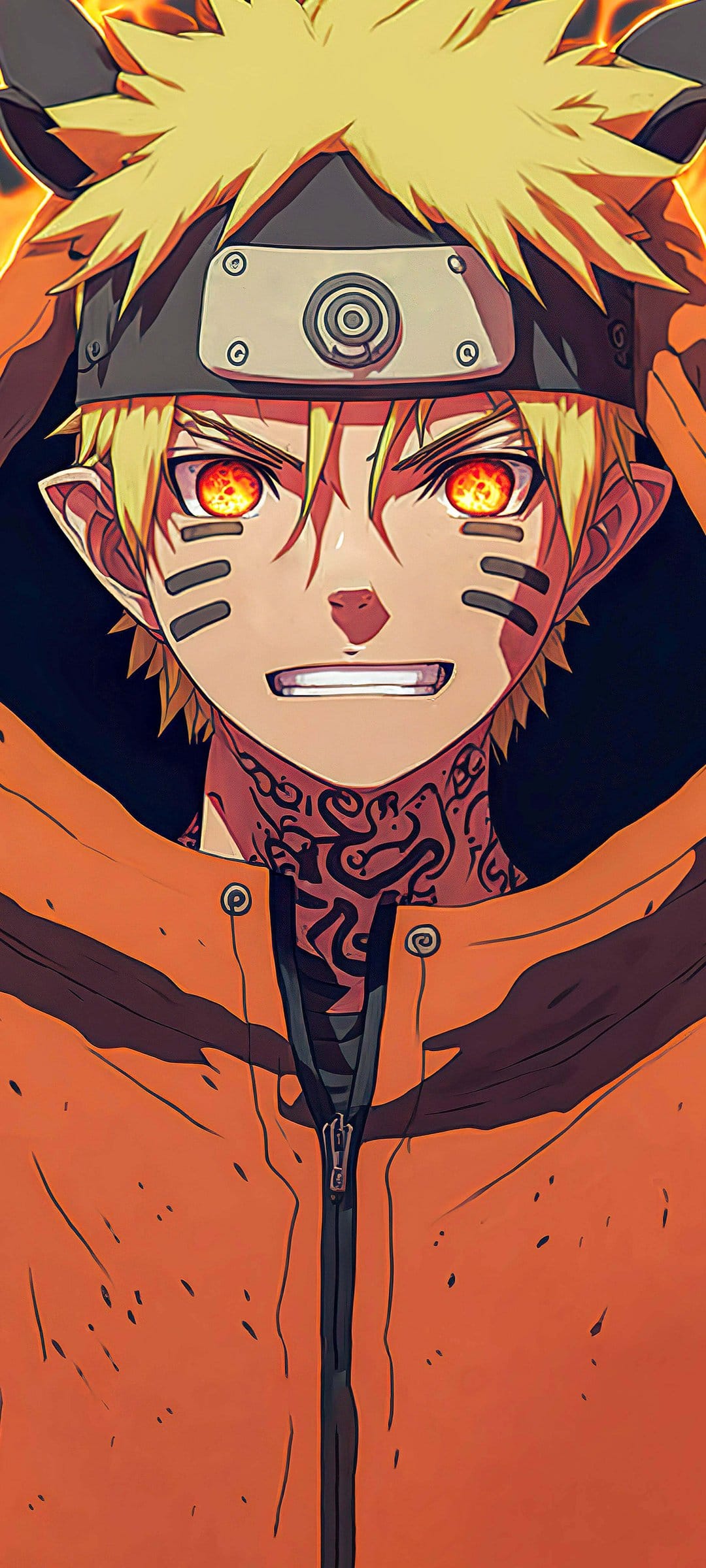 Naruto Uzumaki in Sage Mode with orange eye markings, a forehead protector, and a high-collared orange jacket.