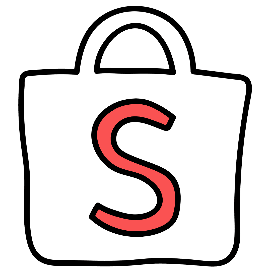 Shopee logo doodle sketch featuring an orange shopping bag icon with hand-drawn lines on a transparent background.