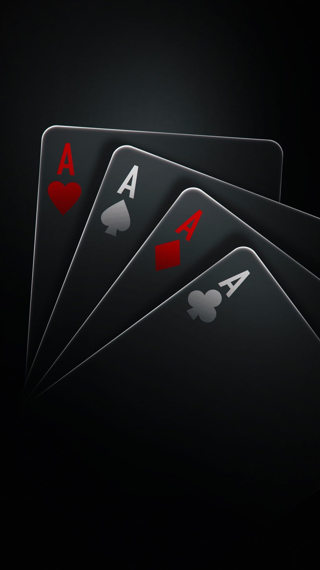 Four aces playing cards fanned out against a black background with subtle rim light on the suits and edges.