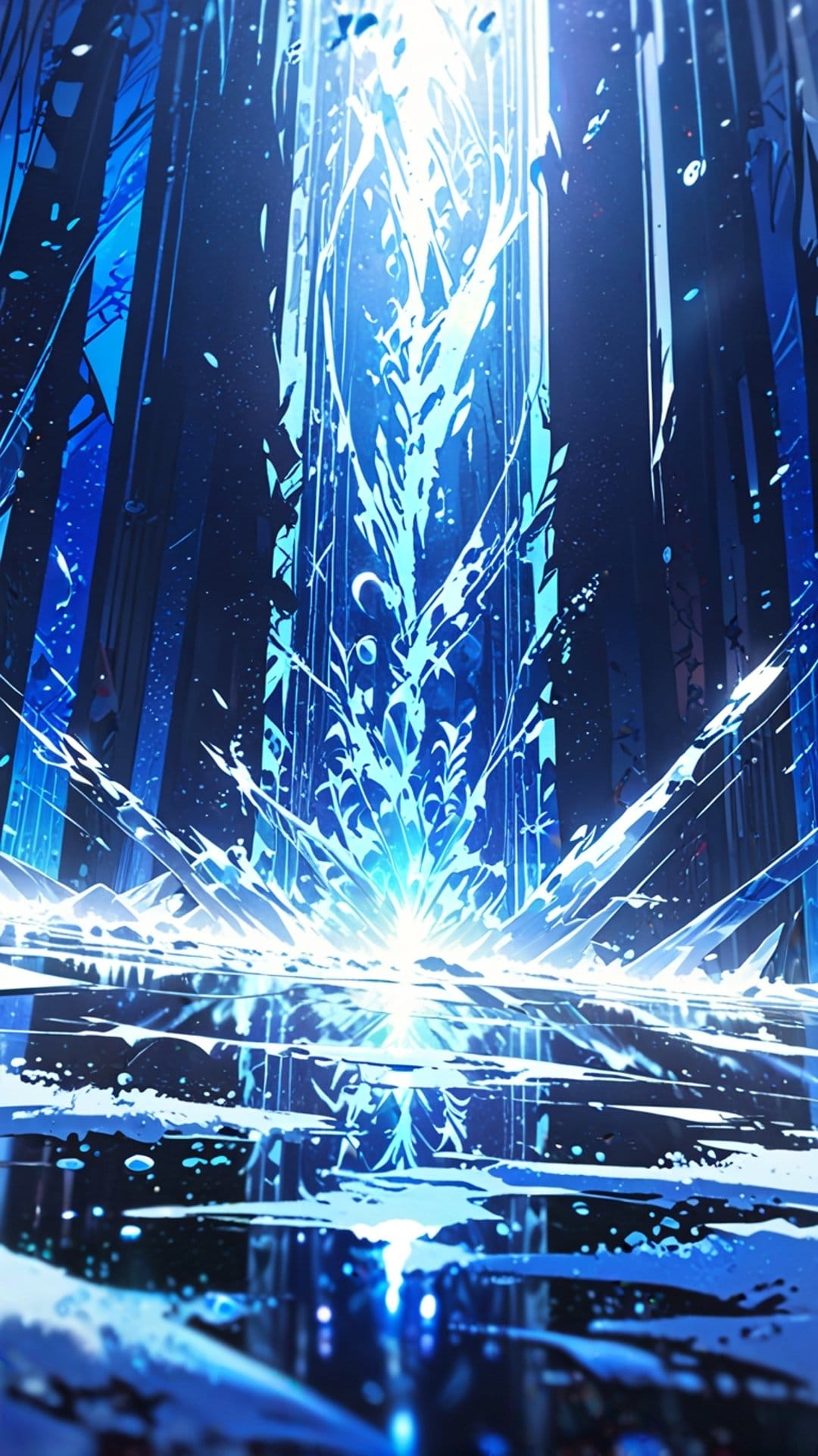 Jagged azure ice columns frame a brilliant white light source on a reflective, dark vertical landscape.