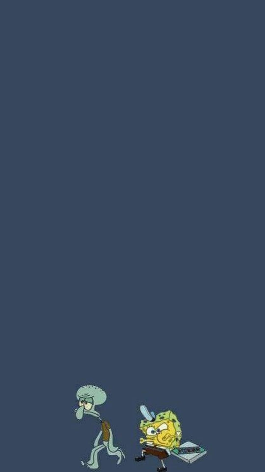 SpongeBob carries a pizza box beside a frowning Squidward against a flat navy blue background for mobile screens.