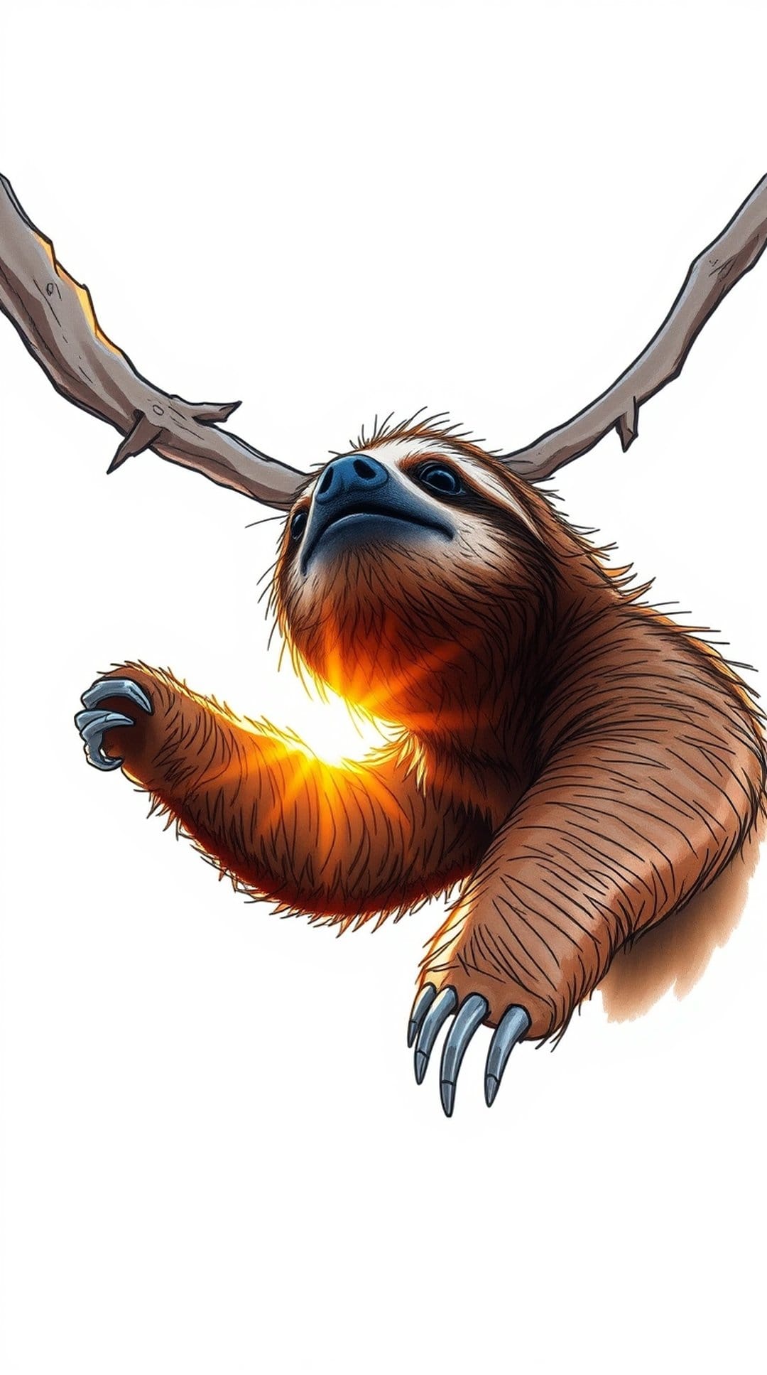 Brown sloth with sharp claws hangs upside down from a tree branch while looking up toward a bright sun flare.