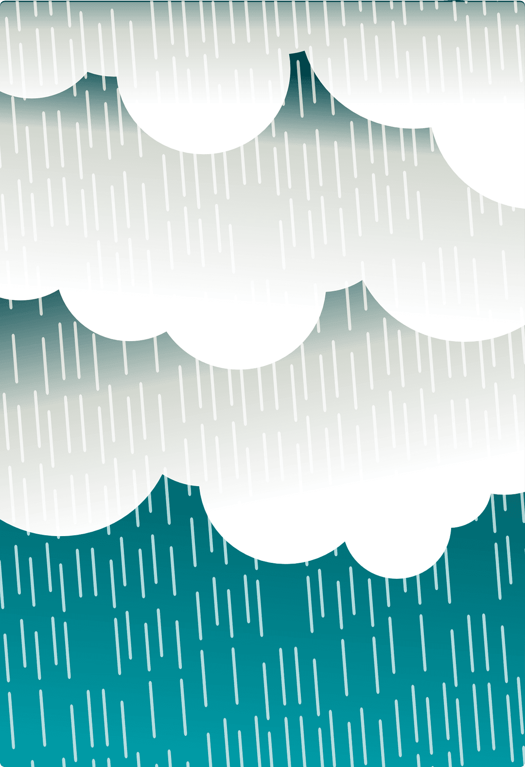 White rain streaks and stylized clouds overlap a deep teal and grey gradient in a minimalist vertical scene.