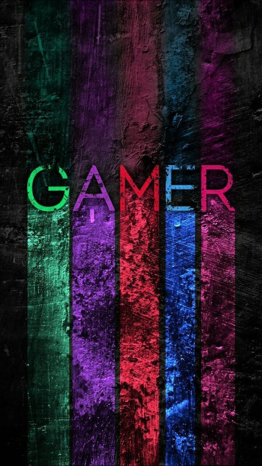 Gamer text in bold block letters is centered over vertical stripes of green, purple, red, and blue neon.