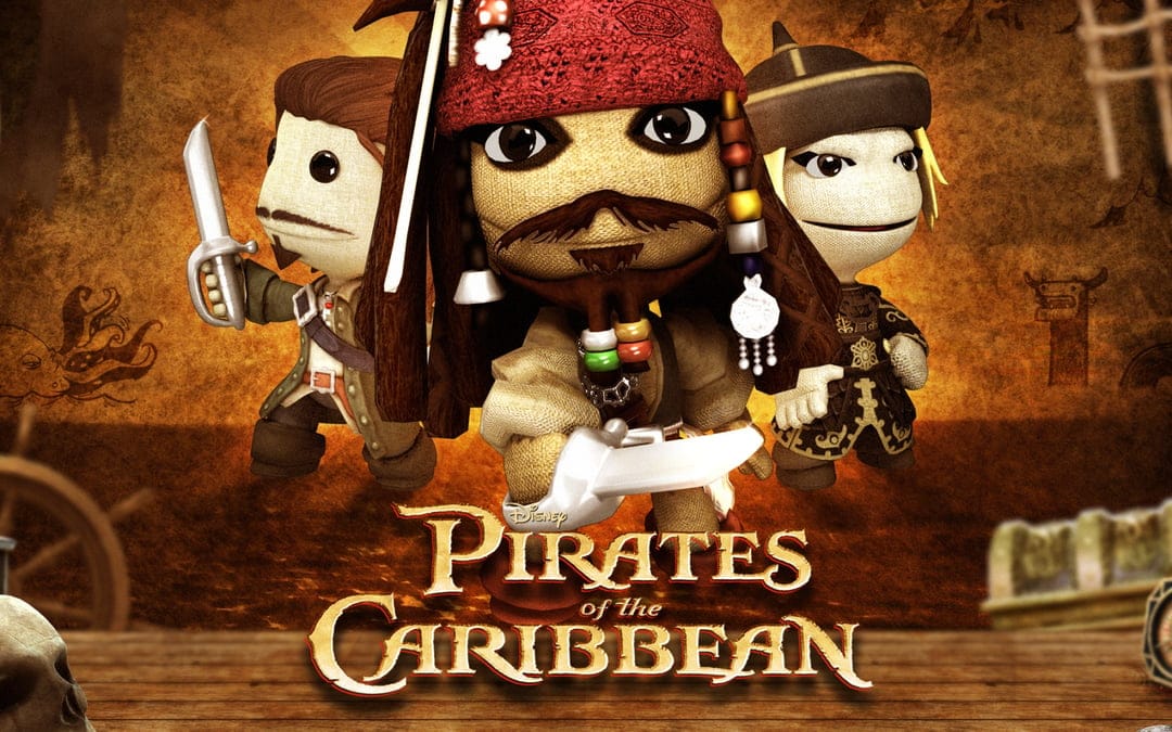Jack Sparrow and pirate Sackboy characters on a parchment background with a kraken and a ship wheel sketch.