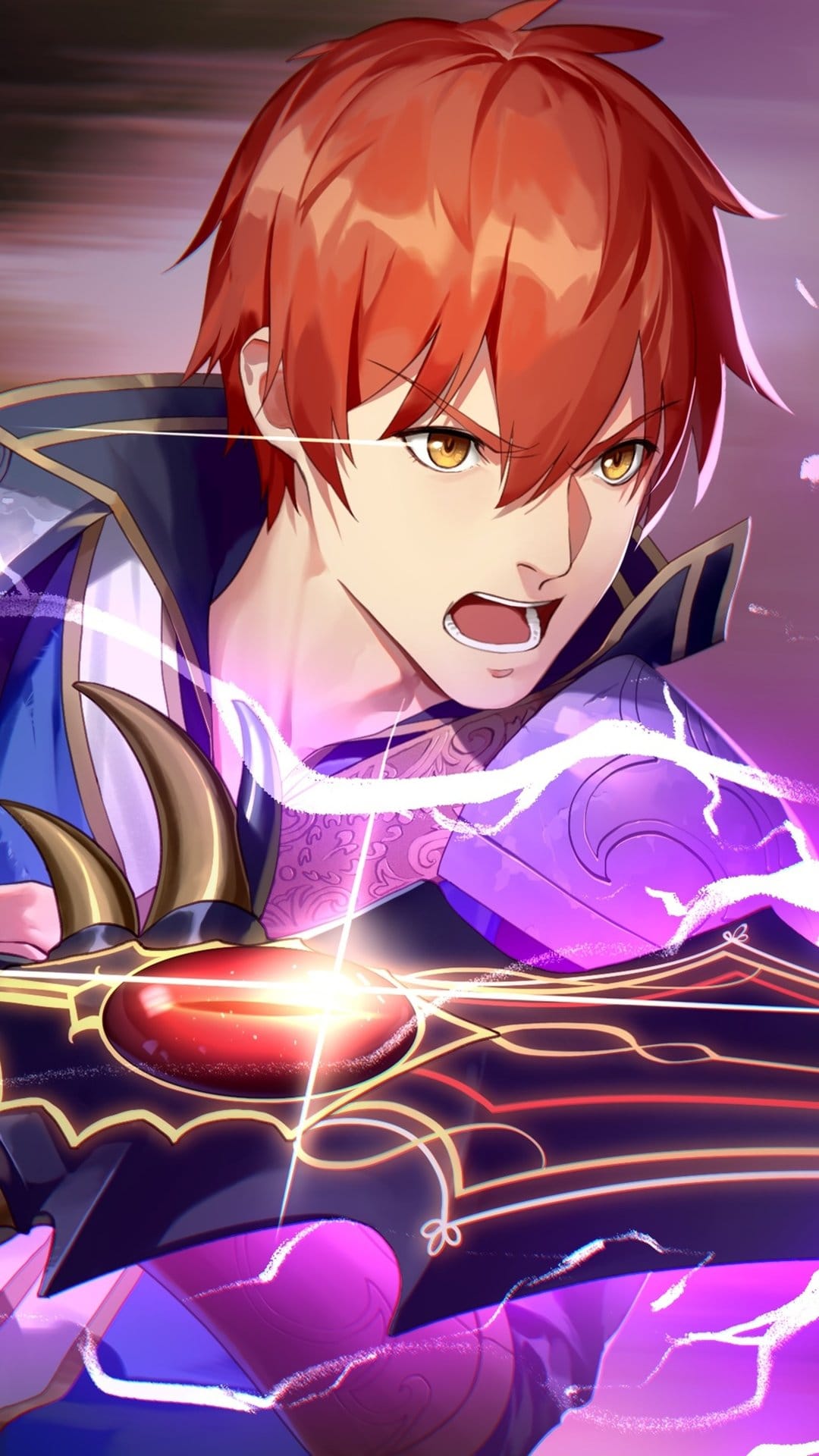 Red-haired warrior with golden eyes shouts while wielding a sword crackling with purple lightning bolts.