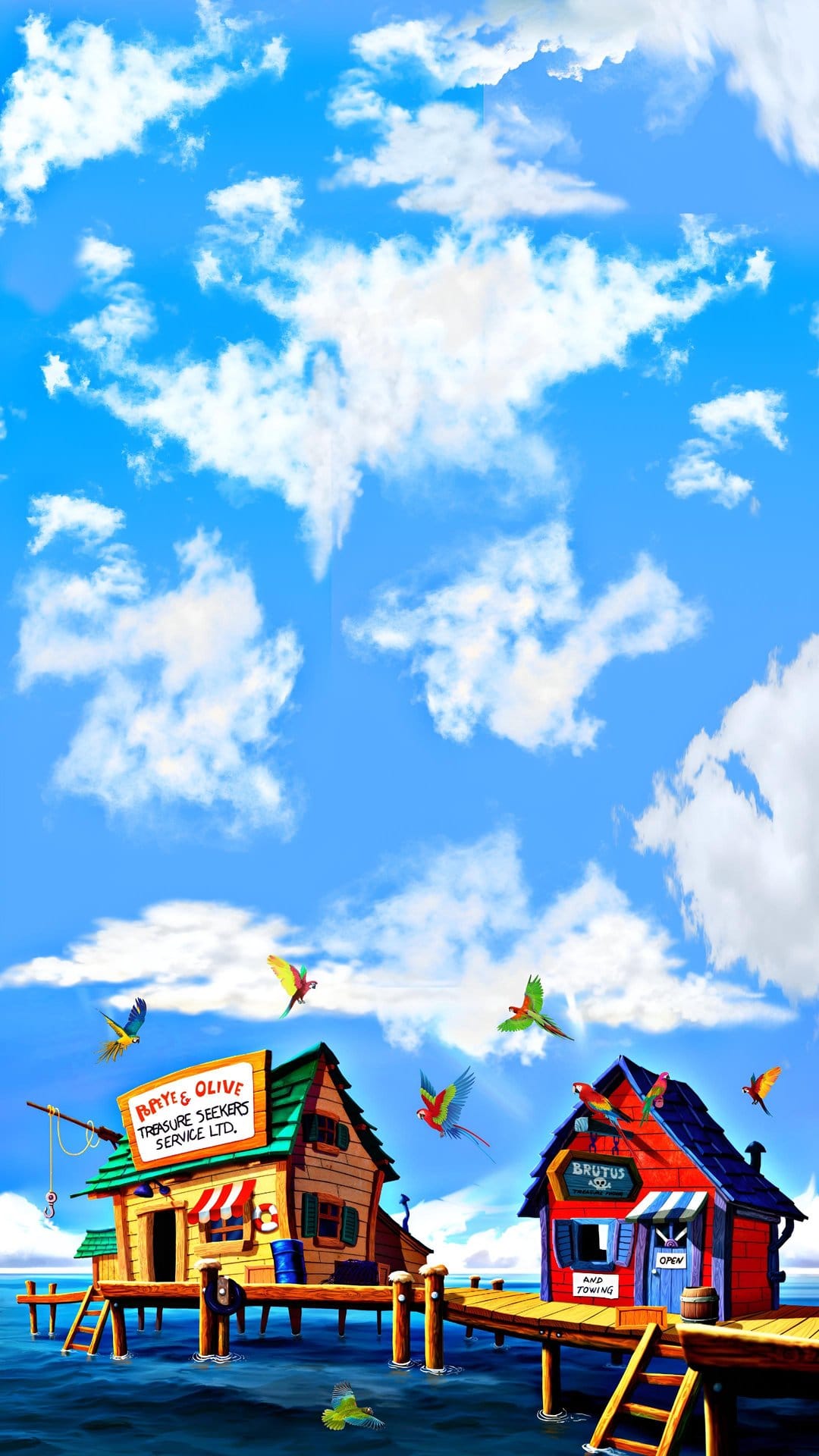 Colorful parrots fly over stilt-mounted beach shops and a pier under a sunny blue sky with fluffy clouds.