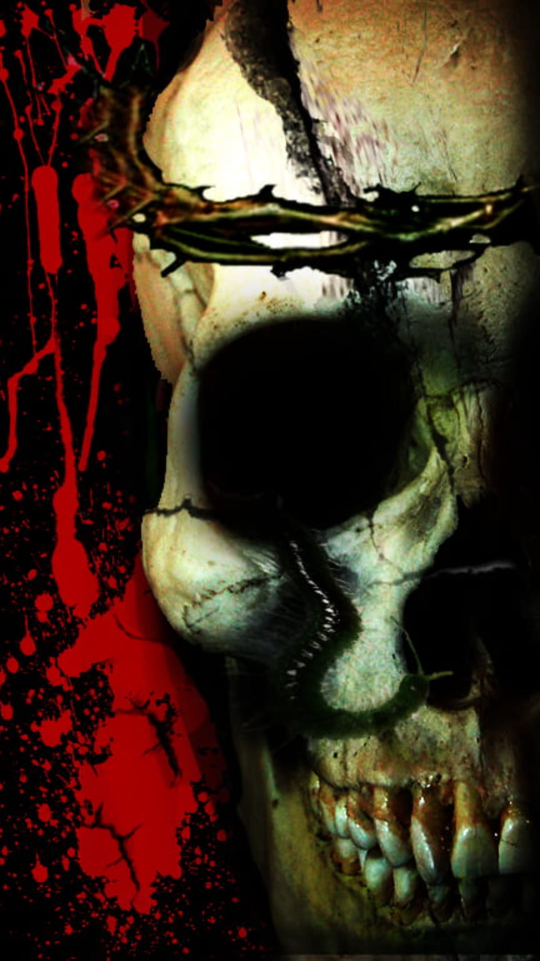 Cracked skull wearing a crown of sharp thorns beside red blood splatters on a dark, shadowed background.