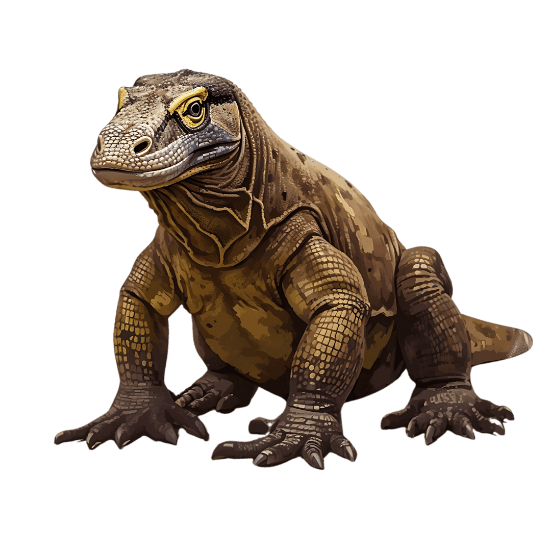 Komodo dragon illustration showcases detailed grey scales and intense yellow eyes against a dark background.