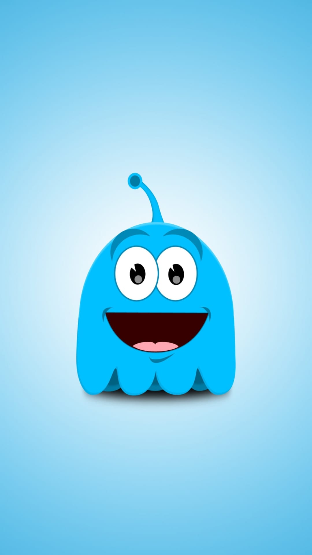 Blue monster with large white eyes, a wide grin, and a single antenna standing on a soft gradient backdrop.