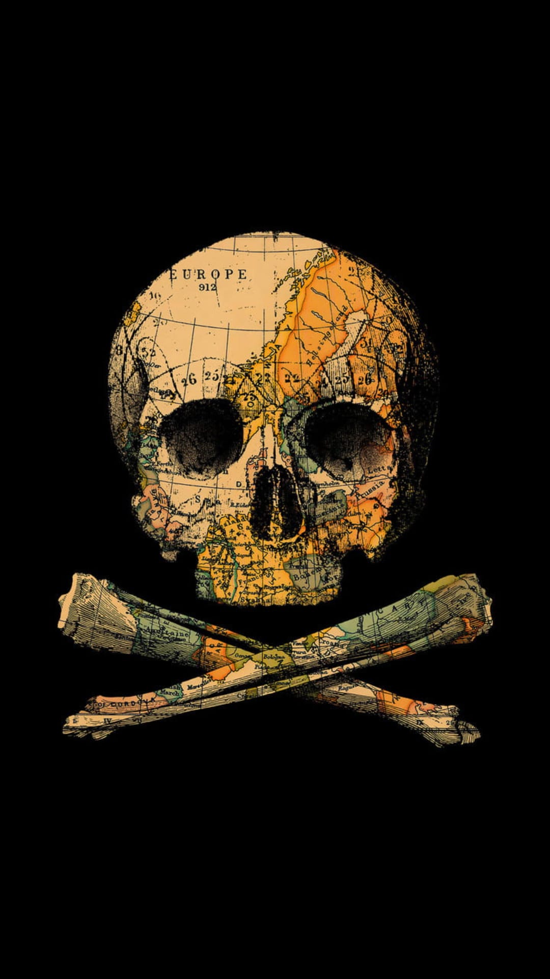 Skull and crossbones with an antique world map texture set against a solid black background for mobile screens.