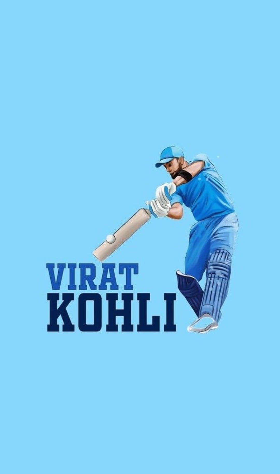 Virat Kohli swings a cricket bat toward a ball against a solid light blue background with his name at the bottom.
