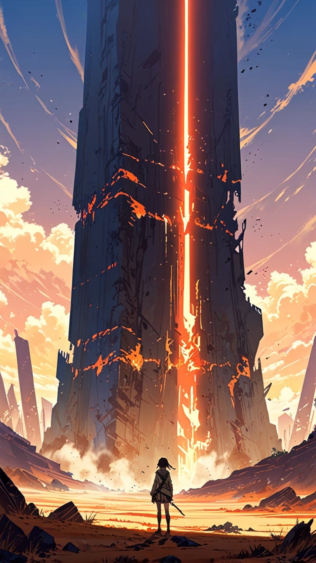 Anime girl with a sword gazes at a colossal glowing monolith in a rocky desert under a vibrant sunset sky.