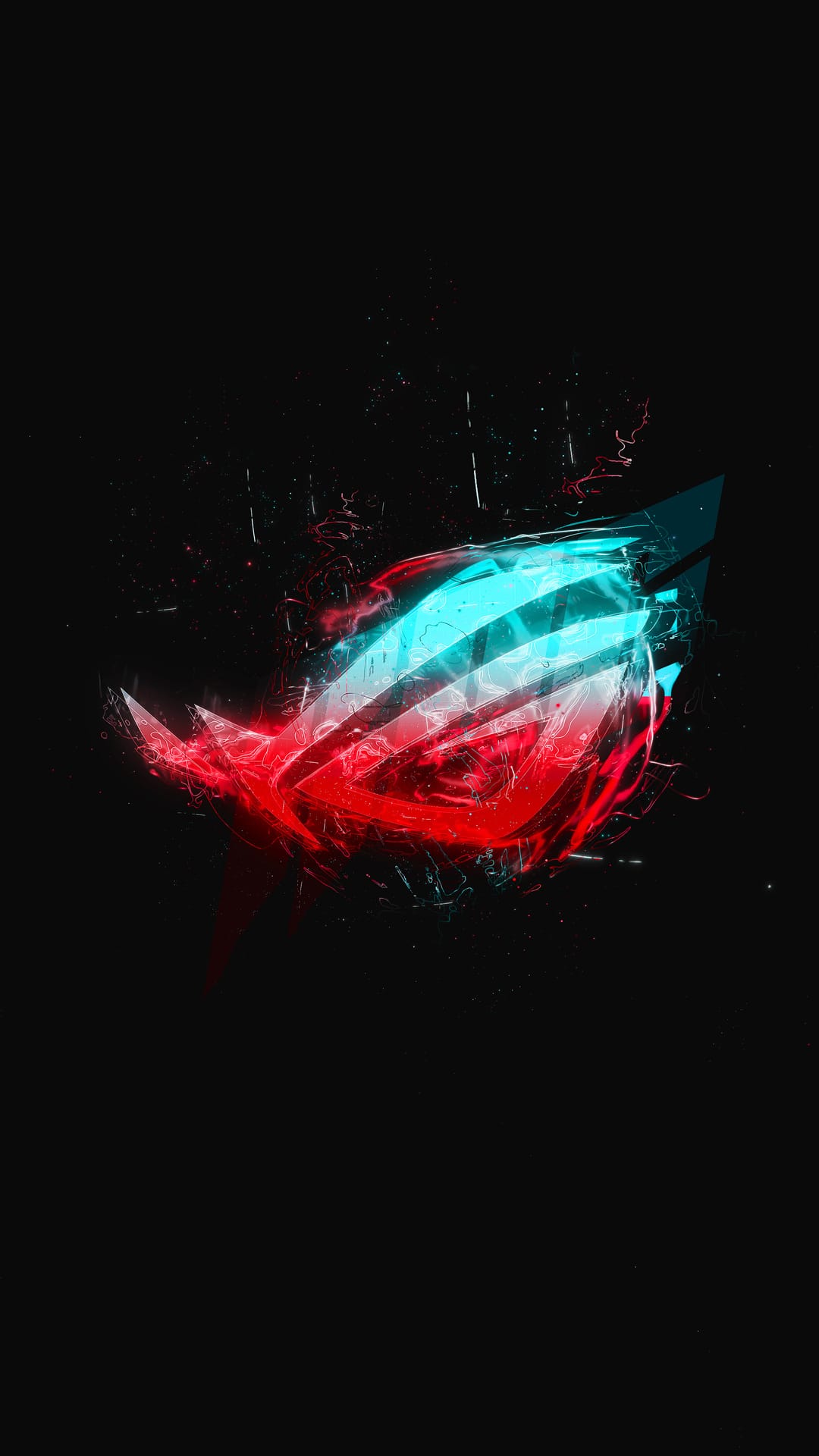 ROG emblem split with neon blue and red light streaks and glowing particles on a deep black background.