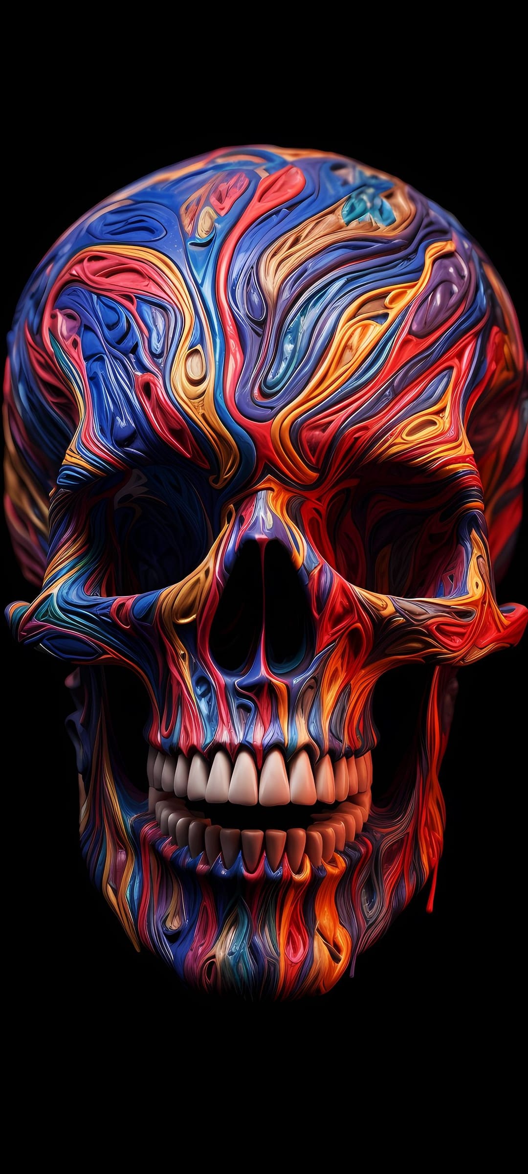 Human skull decorated with fluid neon swirls of blue and orange against a dark, minimalist black backdrop.