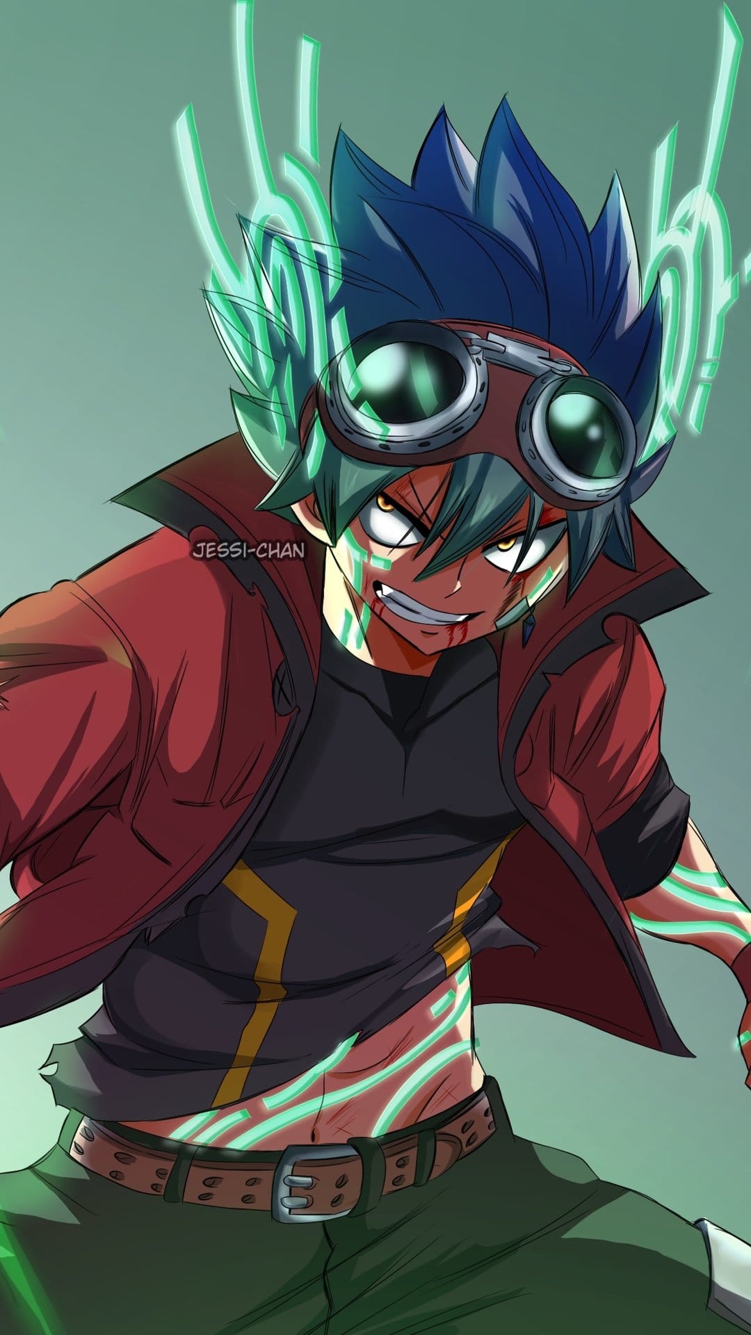 Shiki Granbell displays glowing green energy lines on his face and spiky blue hair amidst dark smoke.
