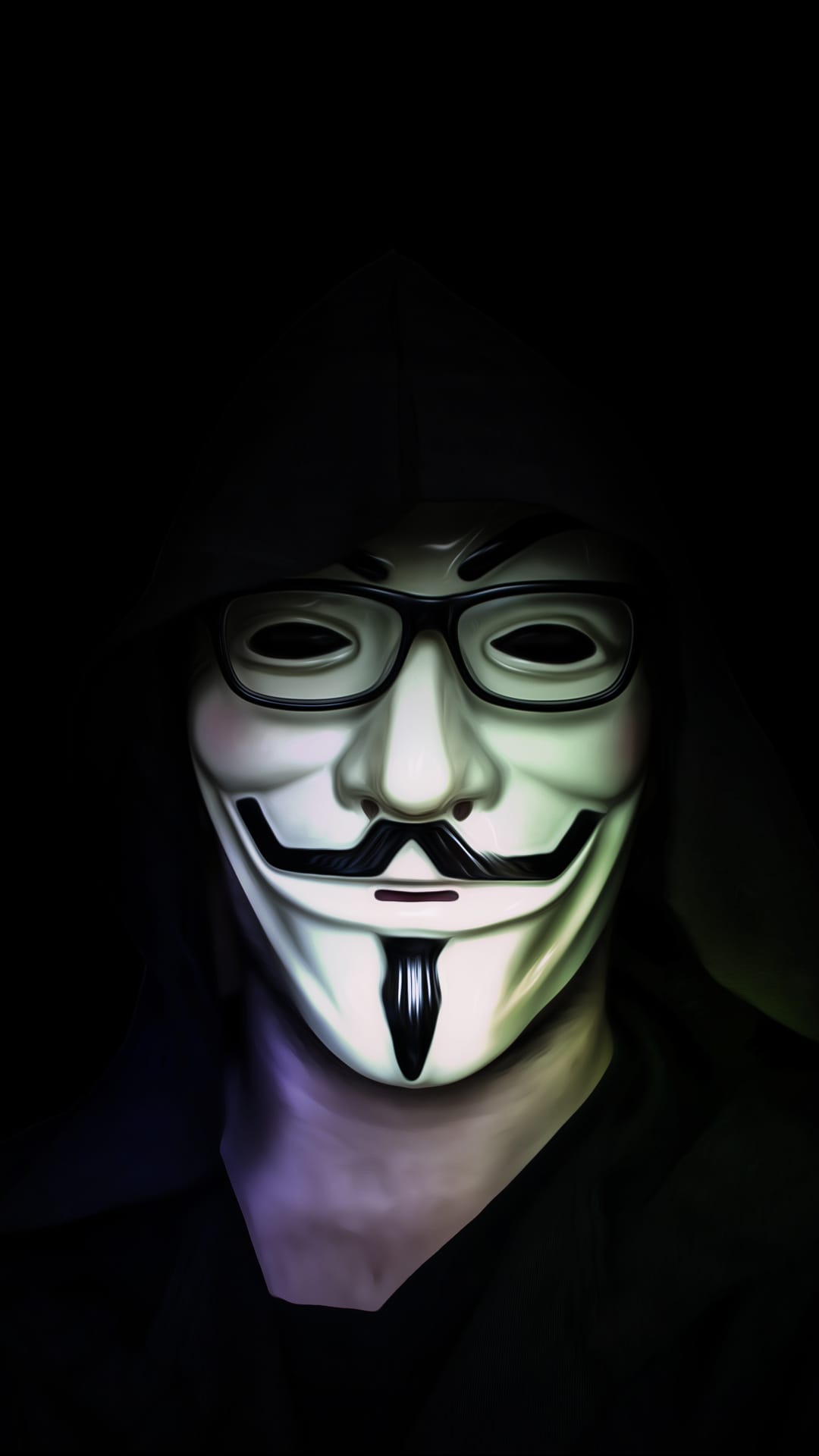 Guy Fawkes mask wearing glasses with dramatic bottom-up lighting and deep shadows against a black background.