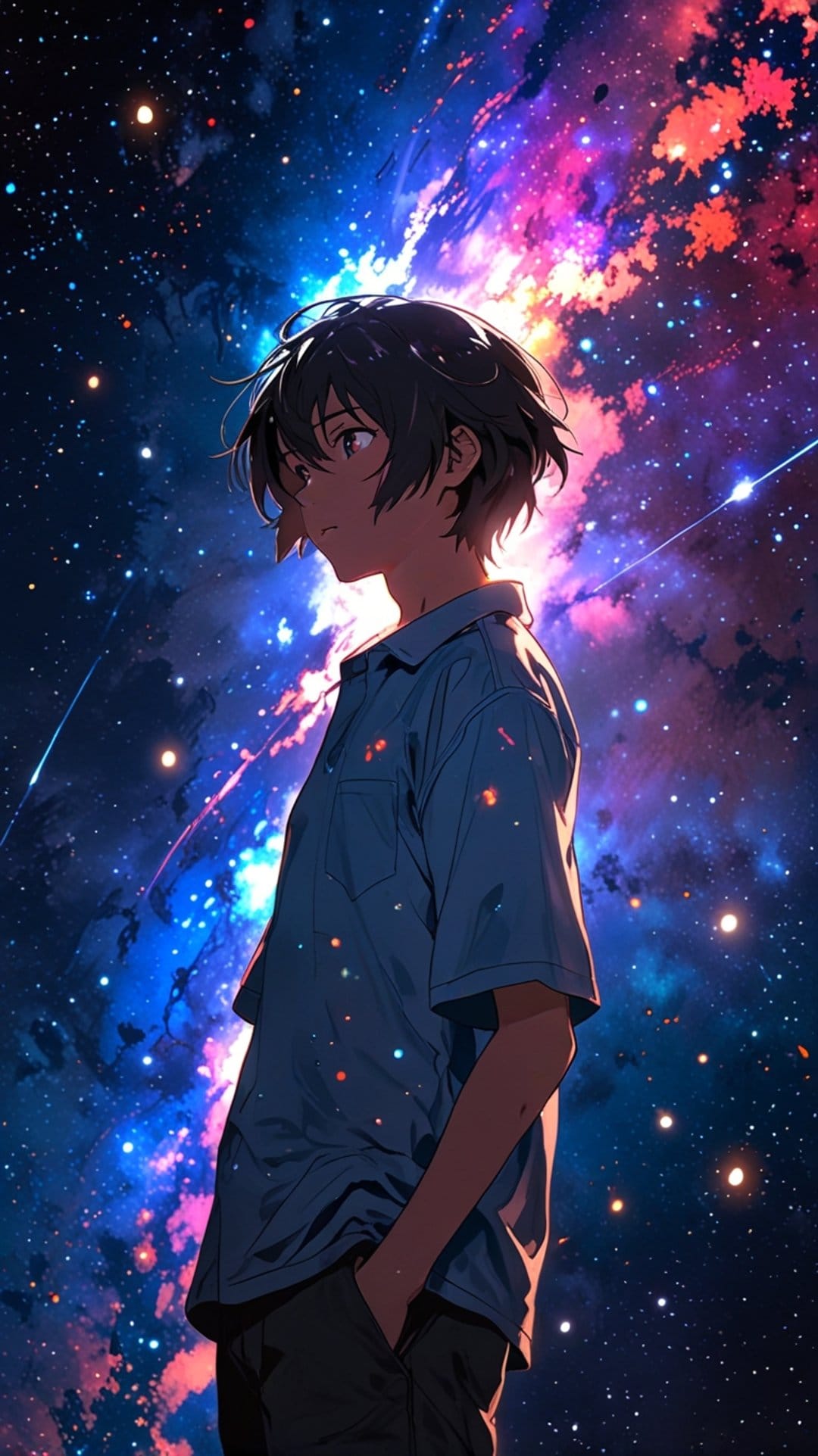 Dark-haired boy in a blue shirt looks toward a glowing purple nebula and starry galaxy in deep cosmic space.
