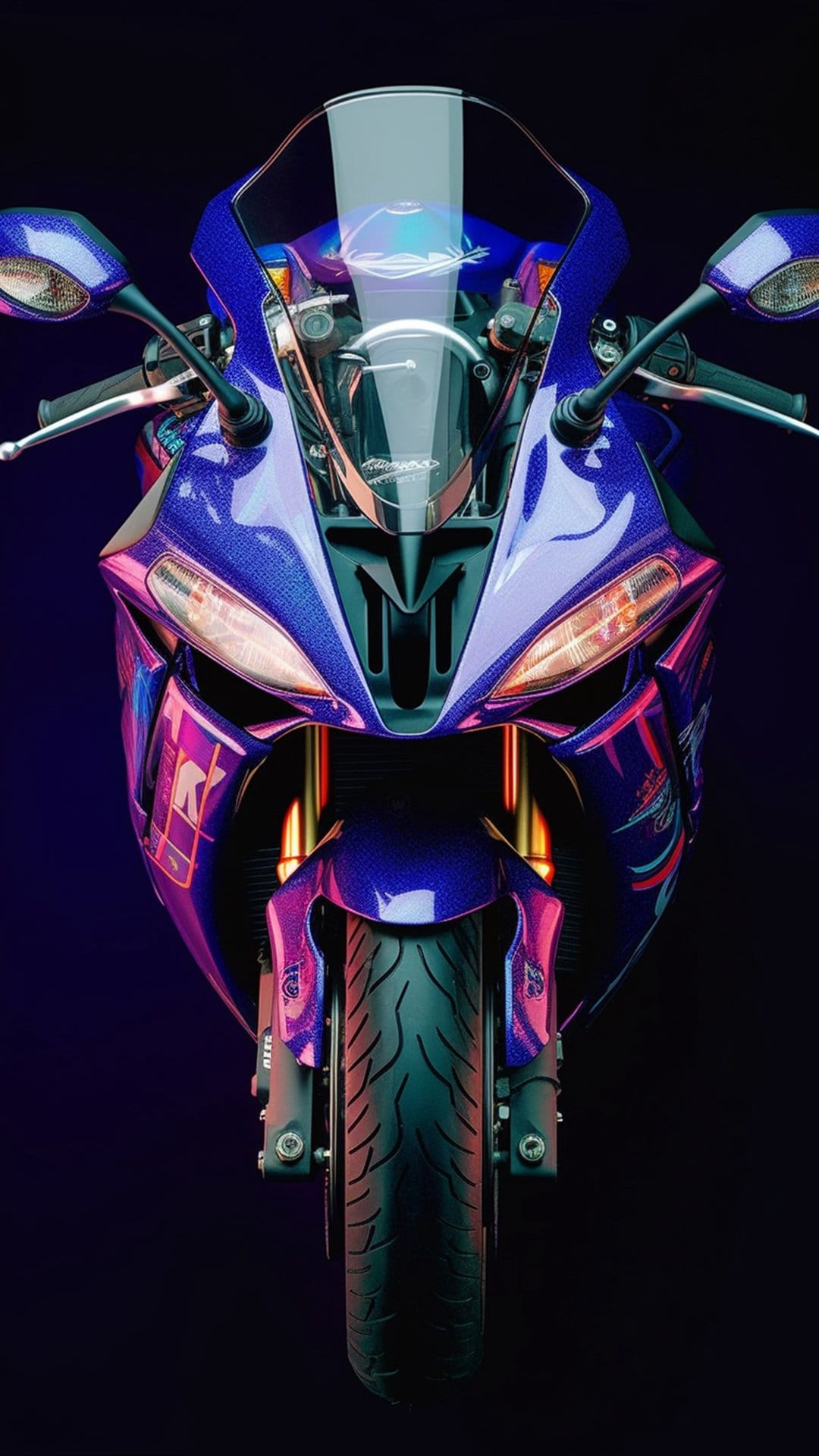 Purple sportbike with glowing pink and blue neon trim stands centered against a dark, atmospheric backdrop.