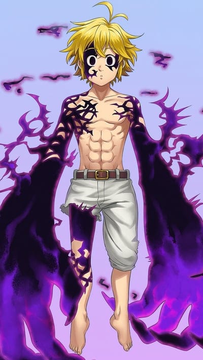 Seven Deadly Sins, Meliodas, demon, awakened, anime, character, power, red eyes, blonde hair, markings, fan art, iconic, hero, wrath, Dragon Sin, magical, fantasy, combat, shonen, intense, dark