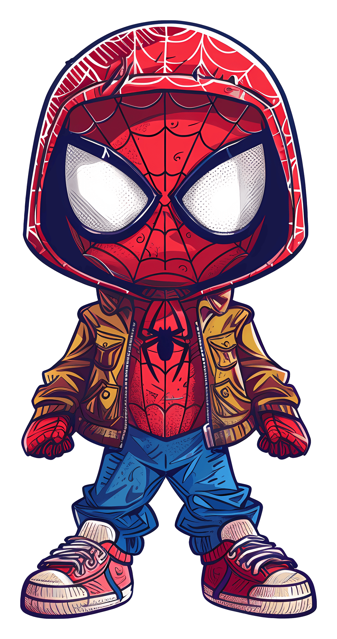 Masked superhero character vector wearing a red and blue hoodie against a transparent background in flat art.
