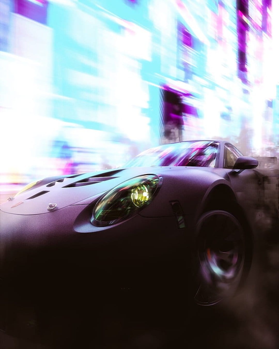 Dark sports car racing through a neon-lit cyberpunk city with vibrant blue and purple light trails at night.