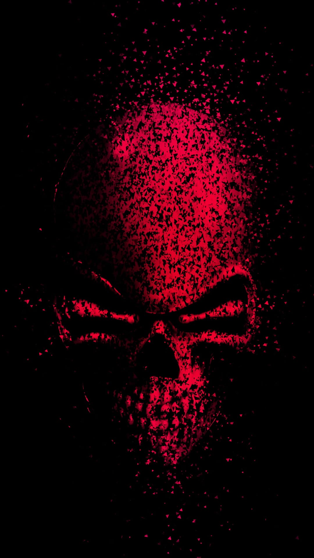 Red skull composed of tiny heart shards and fragments floating against a solid black background in portrait view.