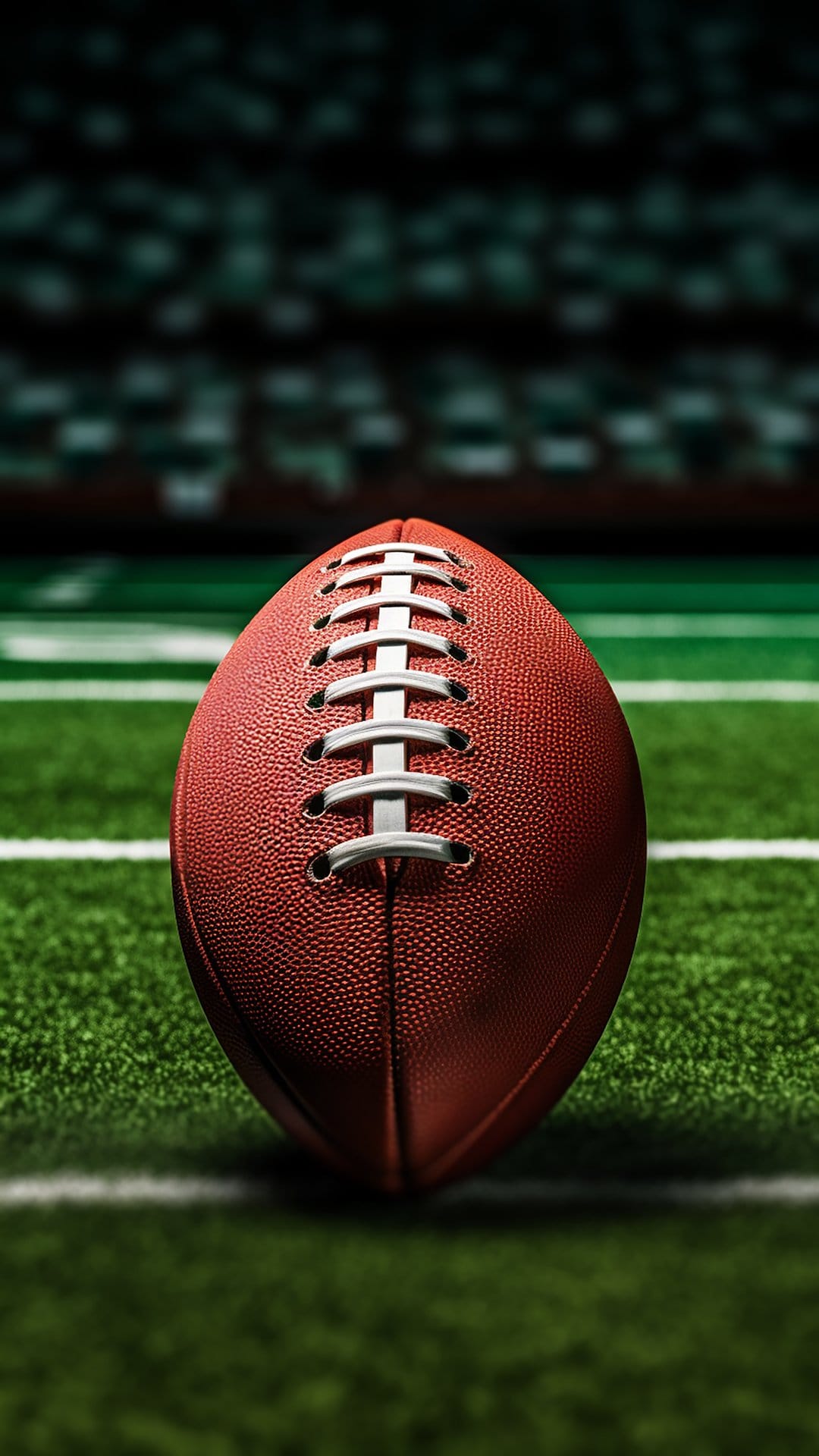 Leather American football with pebble texture rests on a green field near a white yard line in a stadium.