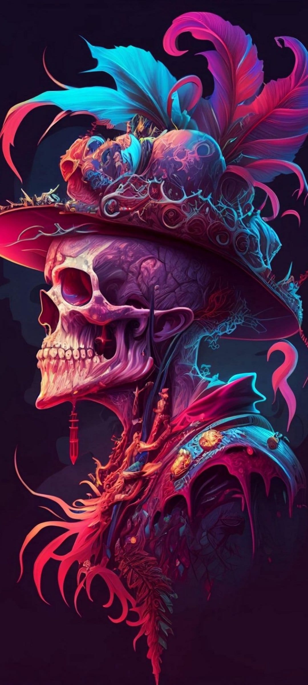 Neon skeleton skull wearing a wide-brimmed hat with large glowing feathers in vibrant blue and pink tones.