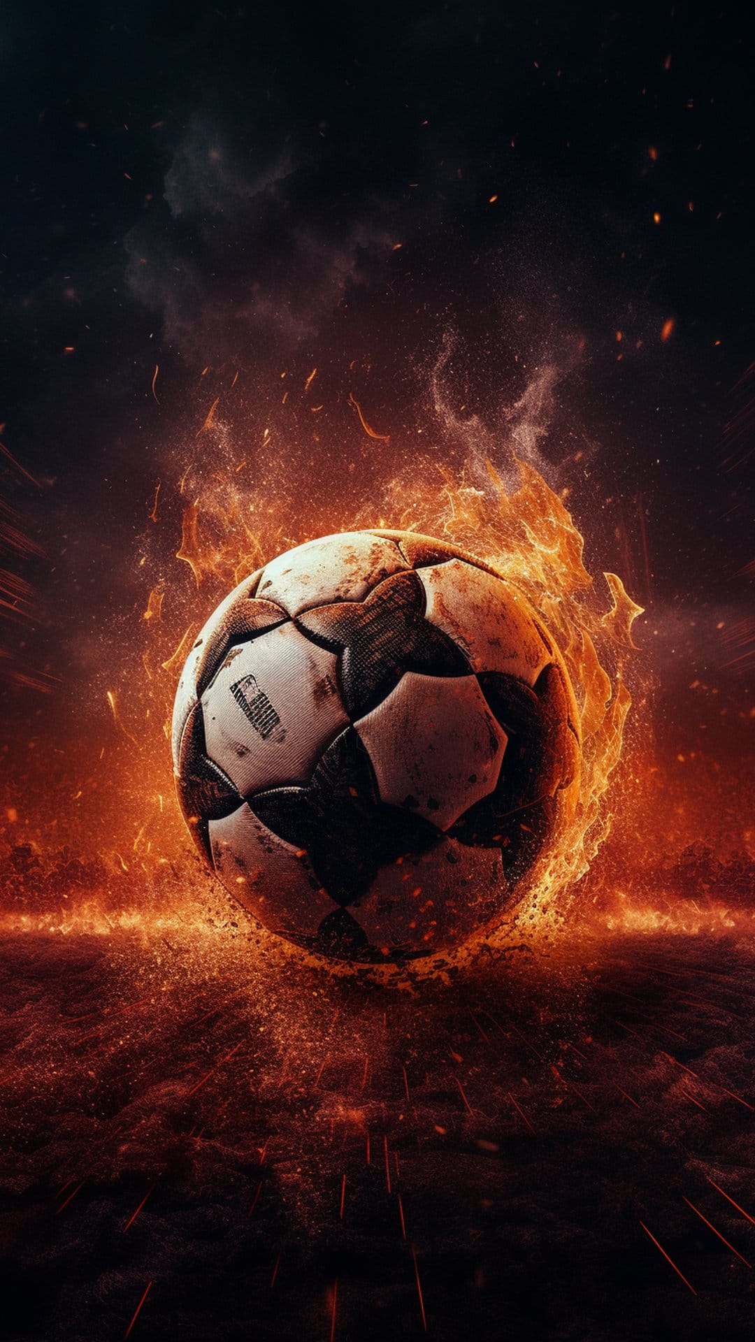Soccer ball engulfed in orange flames and glowing sparks against a dark smoky background with intense lighting.