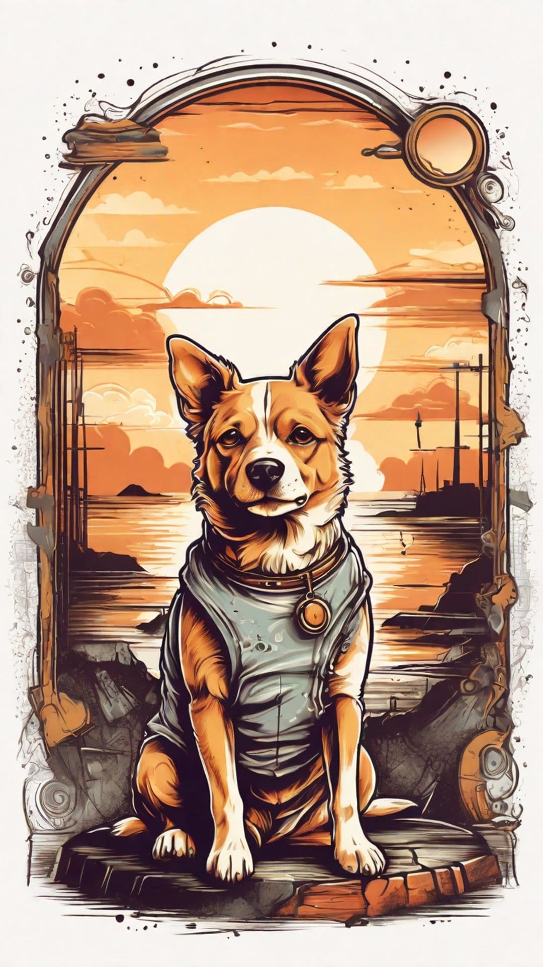 Dog in a blue vest and pendant sitting before a stone arch overlooking a sunset ocean with distant ship silhouettes