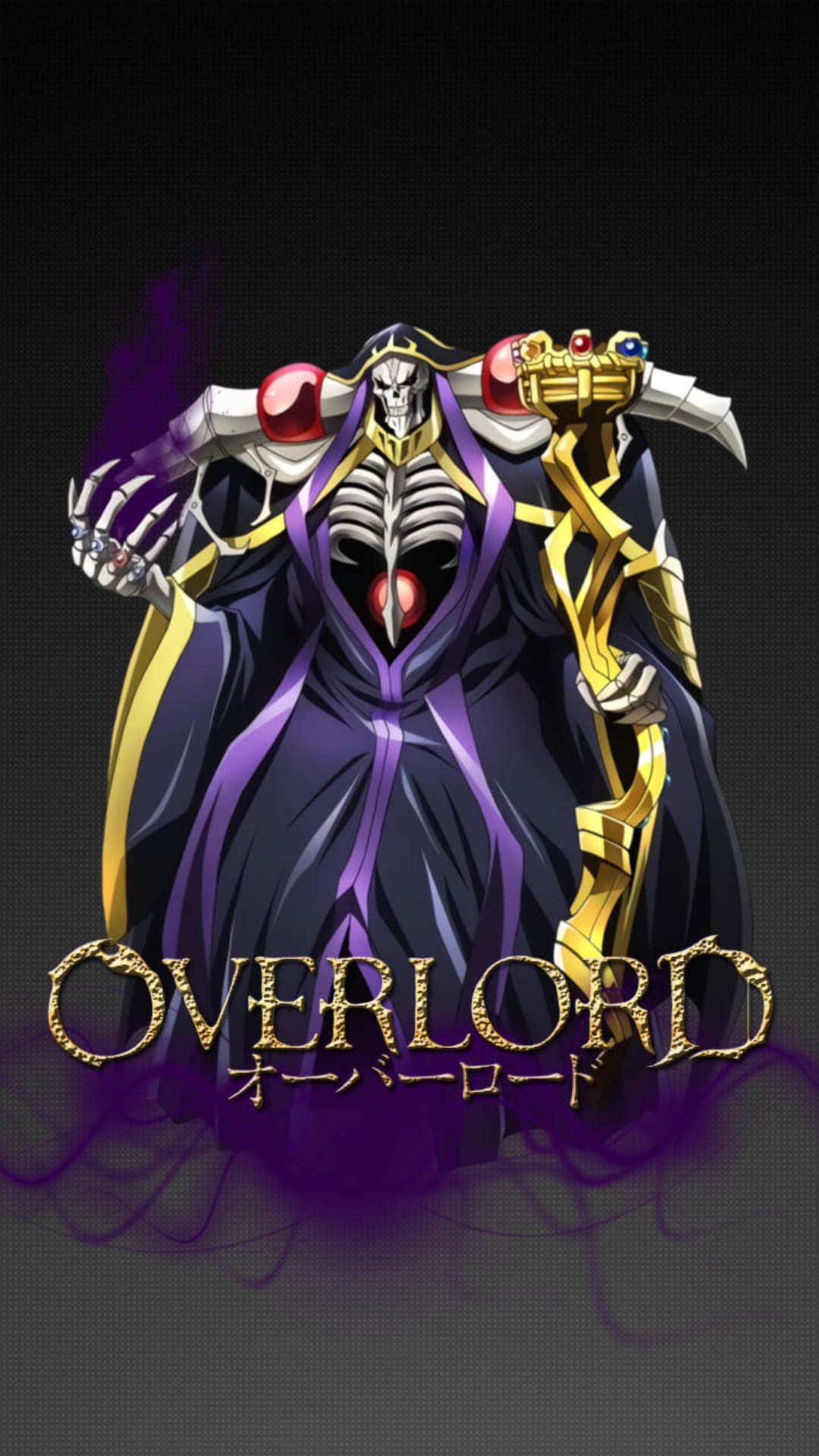 Ainz Ooal Gown clutches a golden staff while wearing regal robes surrounded by violet mist and dark shadows.